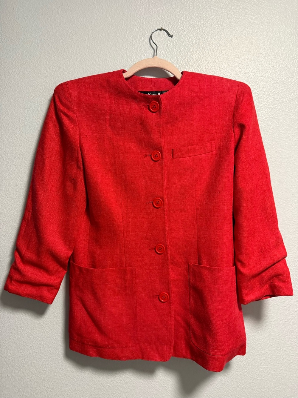 Vintage Anne Klein II 100% Silk Red Collarless Blazer Jacket